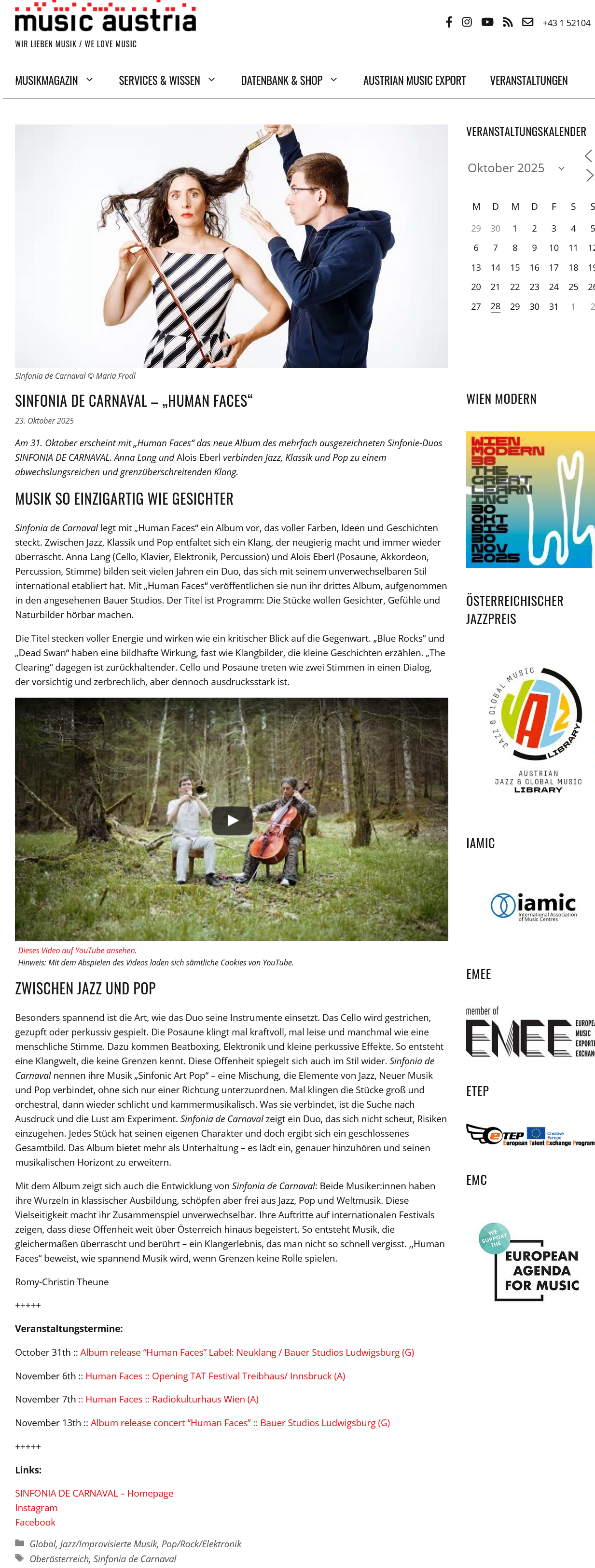 Presse Human Faces 2025 SINFONIA DE CARNAVAL Human Faces mica music austria